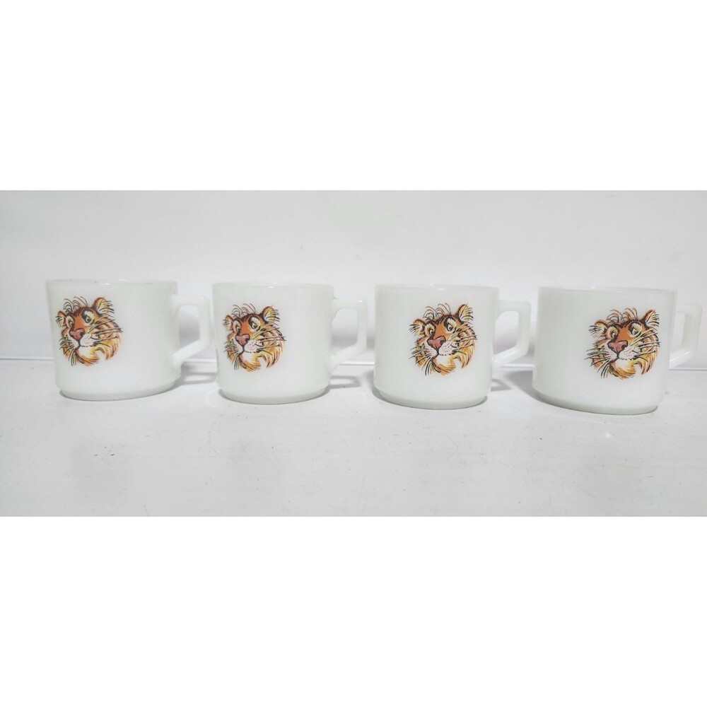 [Lot Of 4] Vintage Fire King Esso Tiger Promotional Milk Glass Coffee Mugs